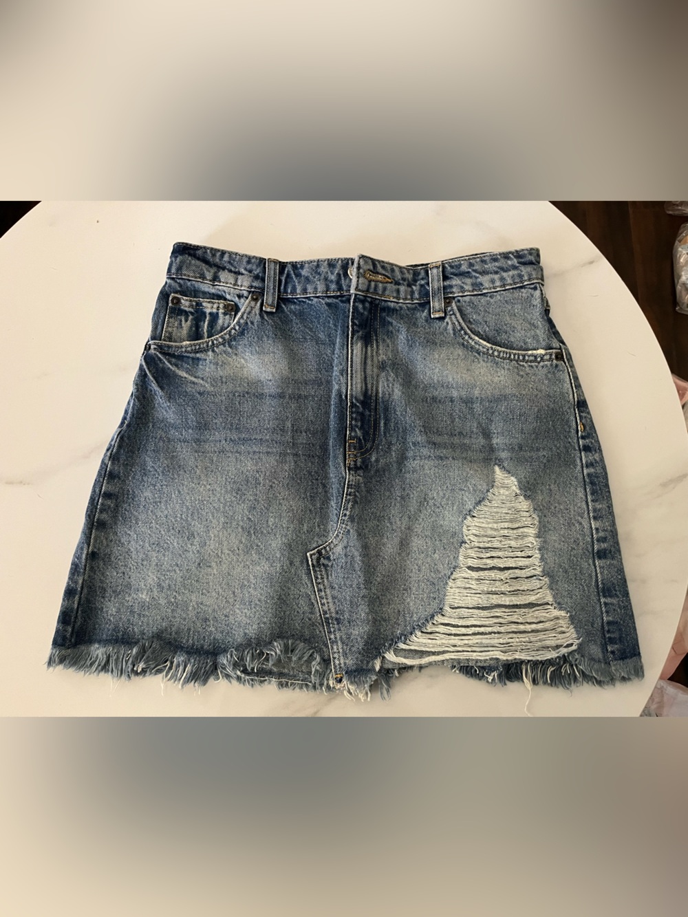 Topshop Washed Blue Distressed Denim Mini Skirt